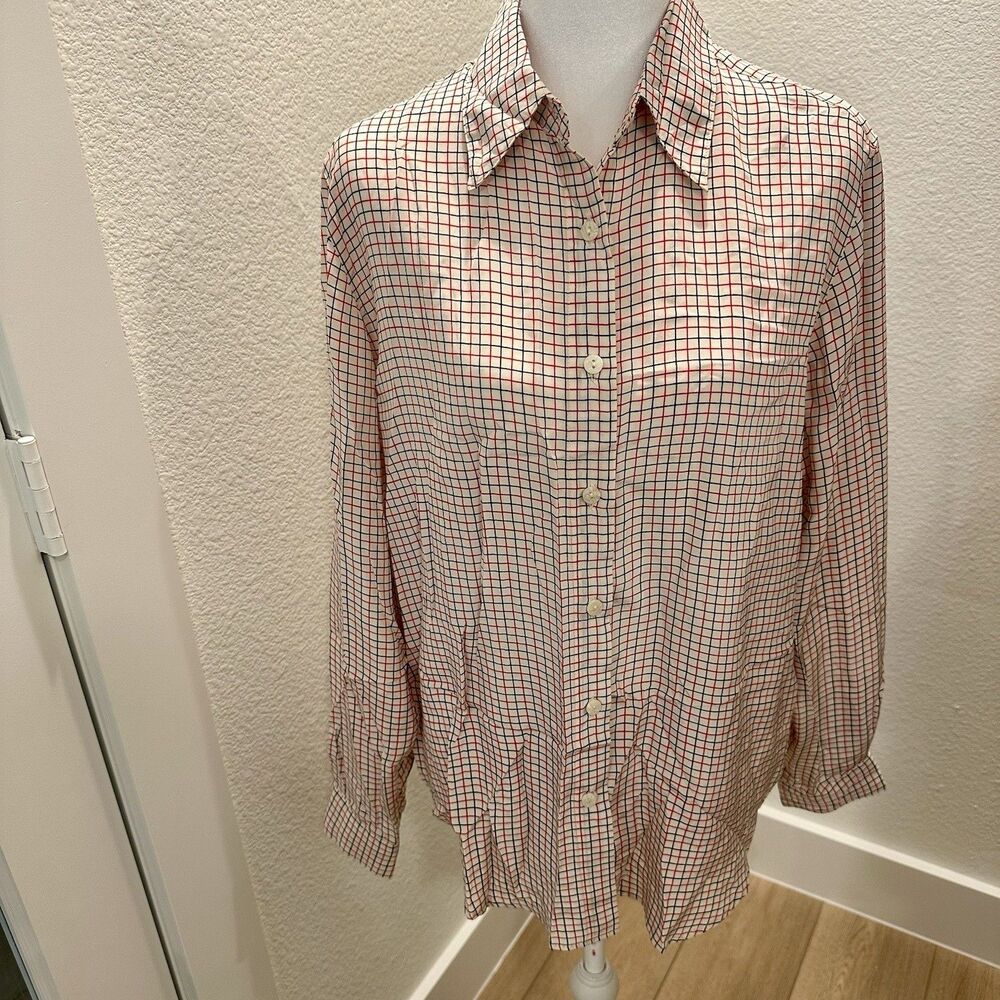 Christian Brooks Women Silk Shirt Blouse Sz M Cream Black Red Squares Long Slv